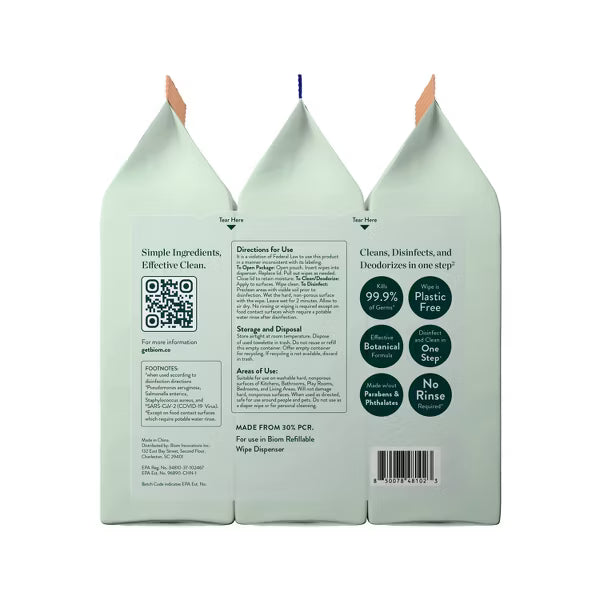 Biom Plastic Free Plant Based Disinfecting Wipes - Variety - 3pk/180ct: Ammonia-Free, Paraben-Free, Mint Scent