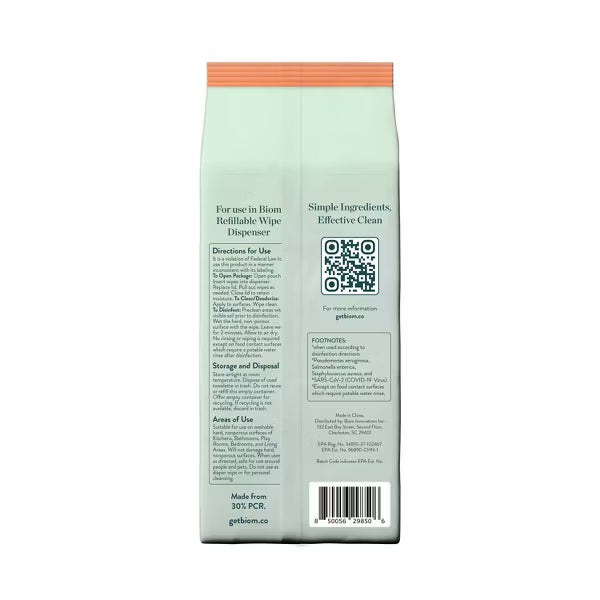 Biom Plastic Free Plant Based Disinfecting Wipes - Fresh Citrus - 60ct: Ammonia-Free, Aluminum-Free, Paraben-Free