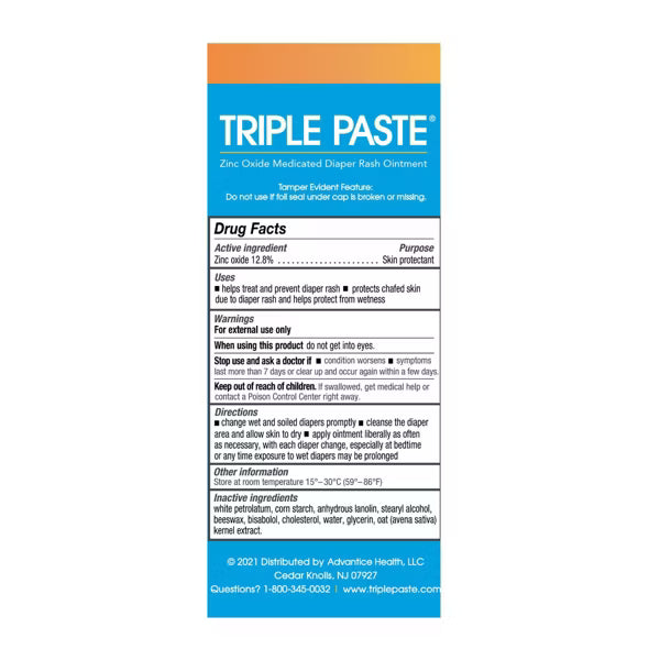 Triple Paste Diaper Rash Cream, Hypoallergenic Medicated Ointment for Babies, Overnight and Daily Protection - 3oz