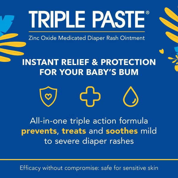 Triple Paste Diaper Rash Cream, Hypoallergenic Medicated Ointment for Babies, Overnight and Daily Protection - 3oz
